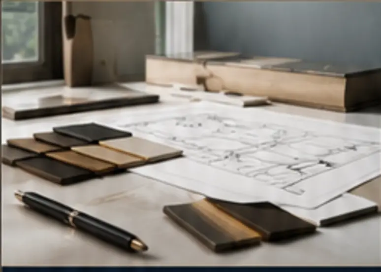 Ritningar och materialprover på ett designbord